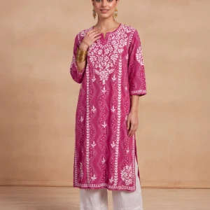 HOC Jugni Mulmul Chikankari Printed Women's Long Kurta - Fuschia Pink