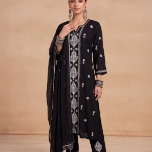 HOC Rayon Chikankari Solid Women's 3 PC Long Kurta Set - Black
