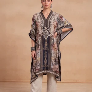 HOC Women Black Crepe Chikankari Short Kaftan