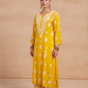 HOC Modal Chikankari Solid Women's 2 PC Long Kurta Set - Yellow