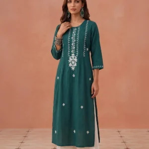 HOC Cotton Dobby Chikankari Solid Women's Long Kurta - Bottle Green