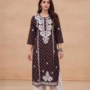 HOC Women Black Cotton Chikankari Kurta
