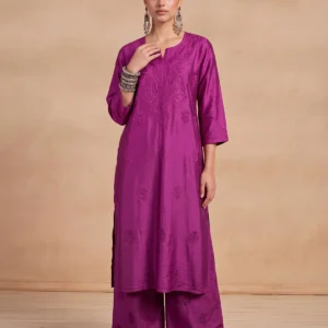 HOC Chanderi Chikankari Solid Women's 2 PC Long Kurta Set - Purple