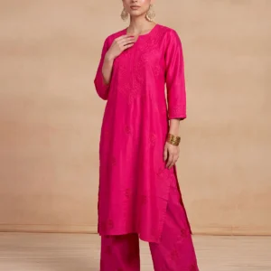 HOC Chanderi Chikankari Solid Women's 2 PC Long Kurta Set - Fuchsia Pink