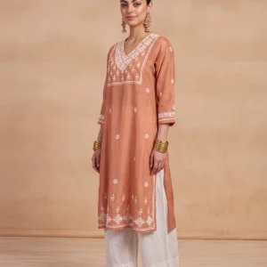 HOC Chikankari Solid Women's Long Kurta - Peach