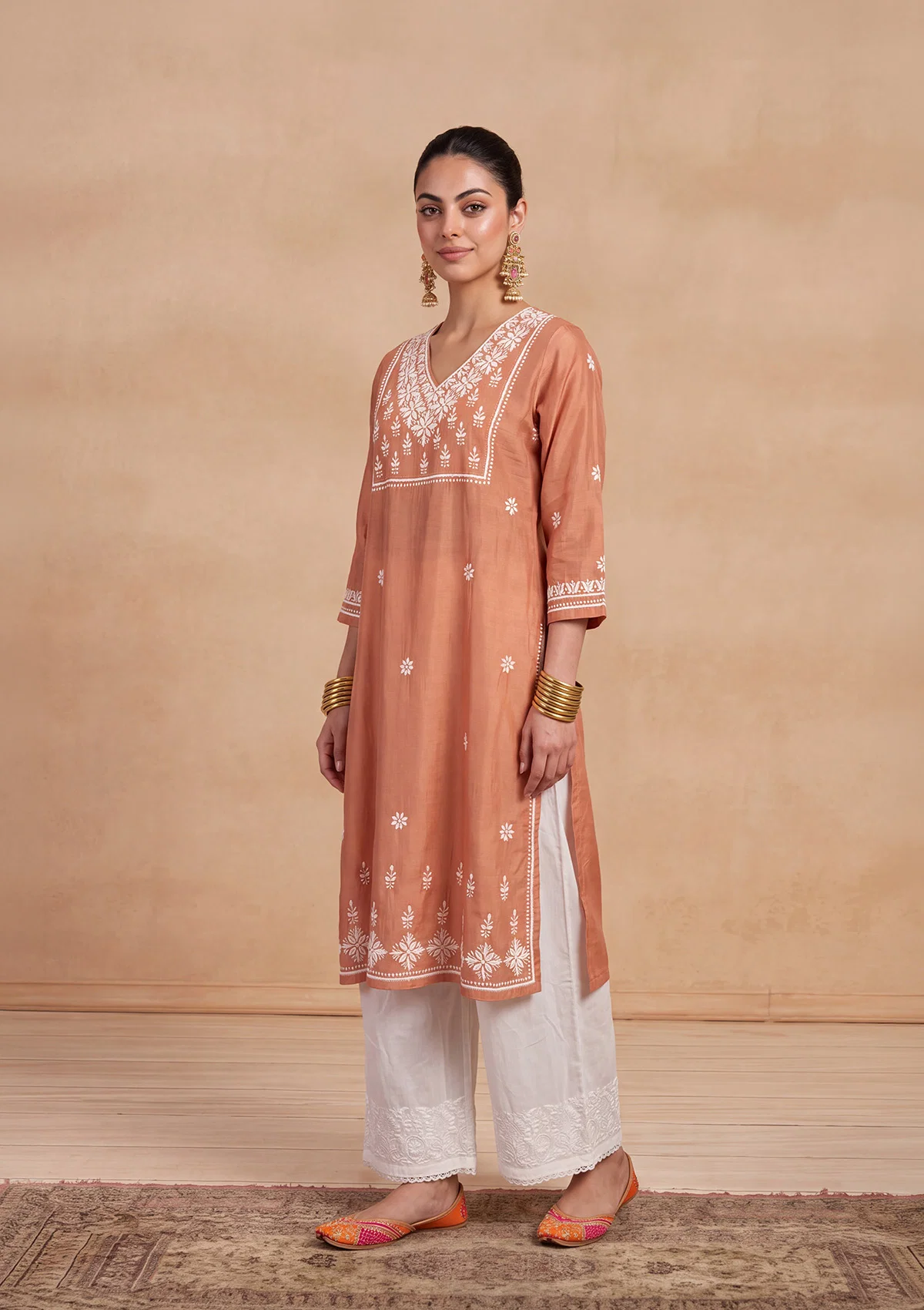 HOC Chikankari Solid Women's Long Kurta - Peach