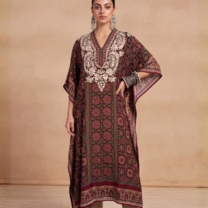 HOC Women Brown Crepe Chikankari Kaftan