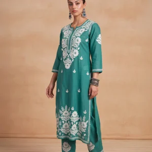 HOC Chanderi Chikankari Solid Women's 2 PC Long Kurta Set - Teal