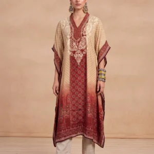 HOC Women Maroon Crepe Chikankari Kaftan