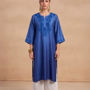 HOC Chikankari Ombre Women's Long Kurta -Royal Blue