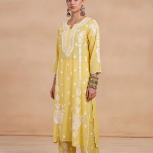 HOC Modal Chikankari Solid Women's 2 PC Long Kurta Set - Yellow