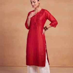 HOC Chikankari Ombre Women's Long Kurta -Red