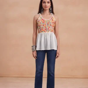 HOC Women White Georgette Chikankari Short Kurta