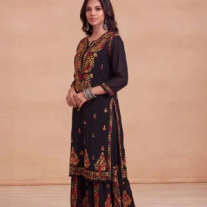 HOC Women Black Georgette Chikankari Sharara Set with Inner
