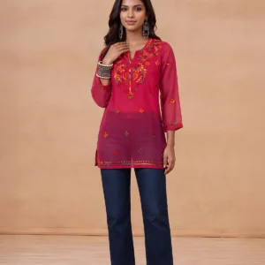 HOC Women Pink Georgette Chikankari Short Kurta