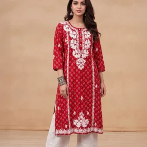 HOC Women Red Cotton Chikankari Kurta