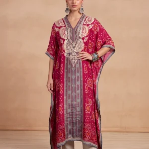 HOC Women Pink Crepe Chikankari Kaftan