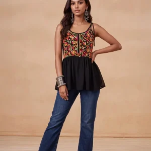 HOC Women Black Georgette Chikankari Short Kurta