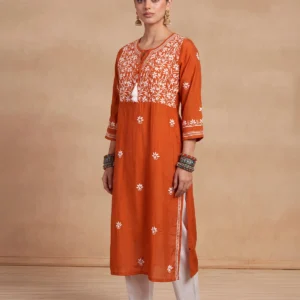 HOC Women Orange Chanderi Chikankari Kurta