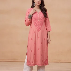 HOC Rayon Chikankari Solid Women's Long Kurta - Light Pink