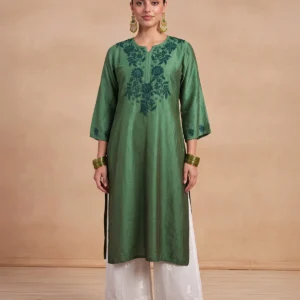 HOC Chikankari Ombre Women's Long Kurta -Dark Green