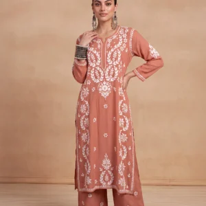 HOC Modal Chikankari Solid Women's 2 PC Long Kurta Set - Rust