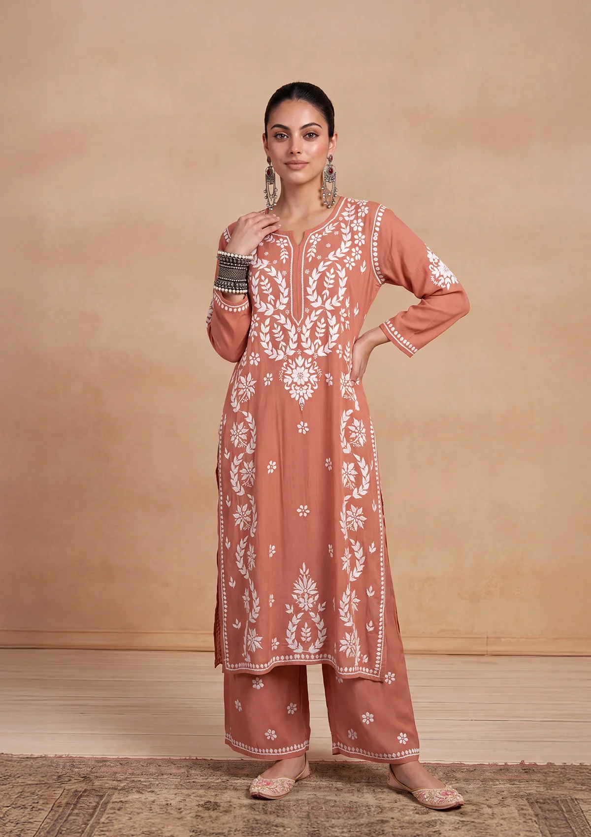 HOC Modal Chikankari Solid Women's 2 PC Long Kurta Set - Rust