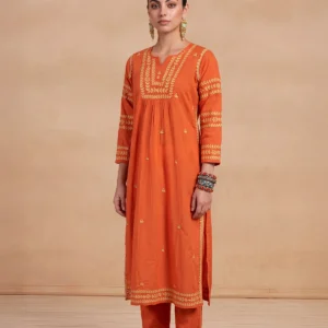 HOC Adila Chikankari Solid Women's Long Kurta - Orange
