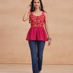 HOC Women Pink Georgette Chikankari Short Kurta