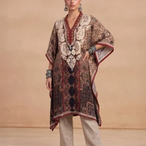 HOC Women Black Crepe Chikankari Short Kaftan