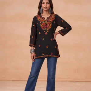 HOC Women Black Georgette Chikankari Short Kurta