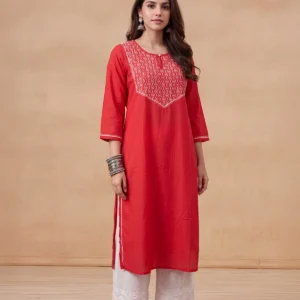 HOC Women Red Cotton Chikankari Kurta