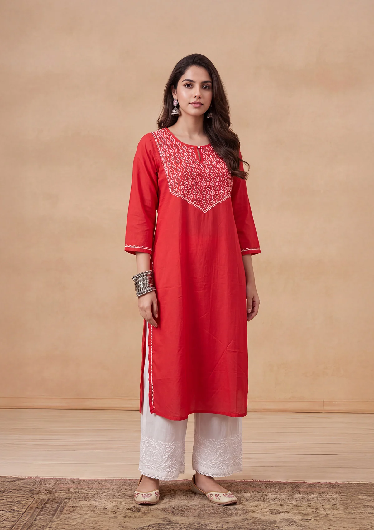 HOC Women Red Cotton Chikankari Kurta