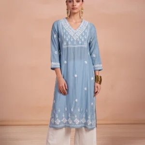 HOC Chikankari Chanderi Solid Women's Long Kurta - Blue