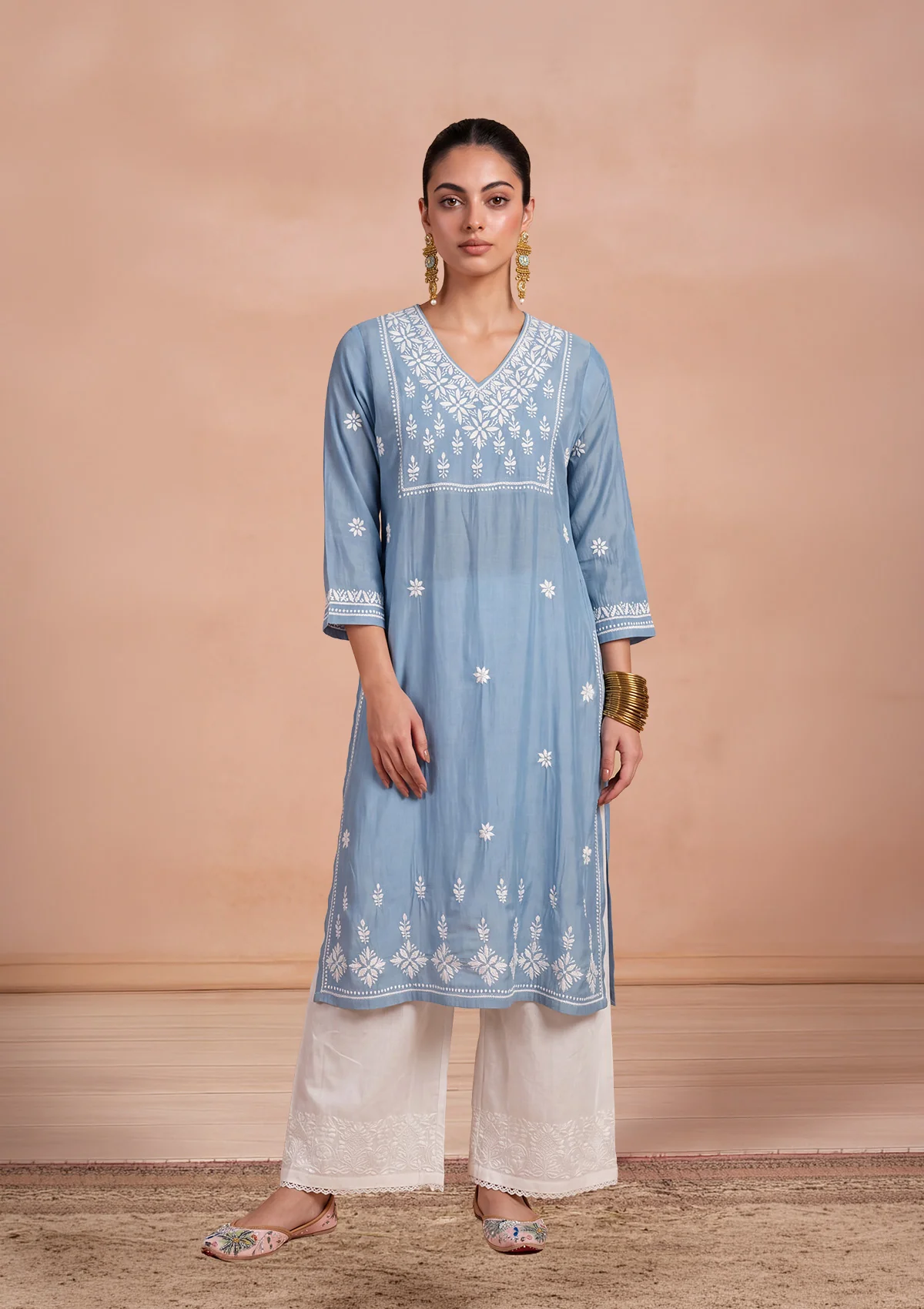 HOC Chikankari Chanderi Solid Women's Long Kurta - Blue