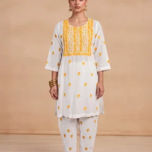 HOC Women White Cotton Slub Chikankari Kurta Set