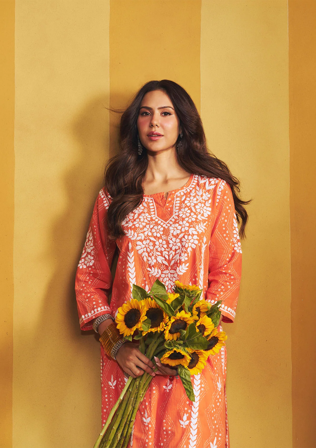 Sonam Orange Chikankari Long Kurta