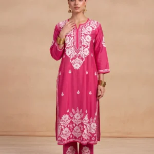 HOC Chanderi Chikankari Solid Women's 2 PC Long Kurta Set - Fuchsia Pink