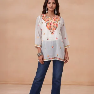 HOC Women White Georgette Chikankari Short Kurta