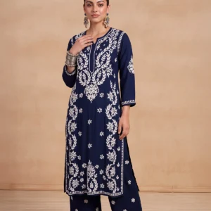 HOC Modal Chikankari Solid Women's 2 PC Long Kurta Set - Navy