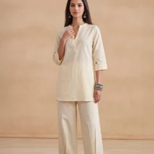 HOC Women Beige Handloom Cotton Kurta Set