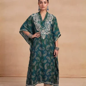 HOC Women Teal Crepe Chikankari Kaftan