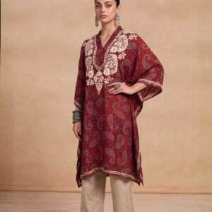 HOC Women Magenta Crepe Chikankari Short Kaftan
