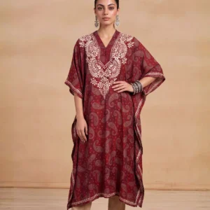 HOC Women Magenta Crepe Chikankari Kaftan