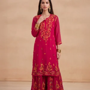 HOC Women Pink Georgette Chikankari Sharara Set with Inner