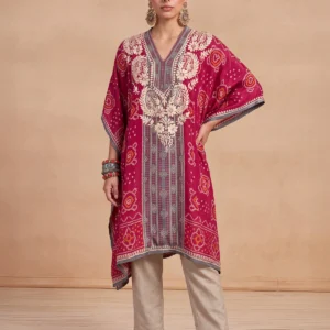 HOC Women Pink Crepe Chikankari Short Kaftan
