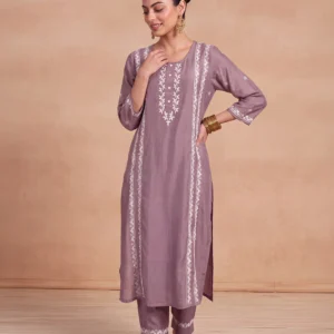 HOC Chanderi Chikankari Solid Women's 2 PC Long Kurta Set - Lavender