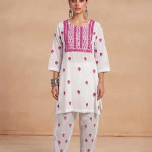 HOC Women White Cotton Slub Chikankari Kurta Set