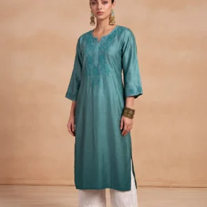 HOC Chikankari Ombre Women's Long Kurta -Teal