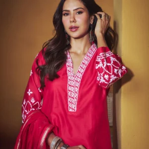 Sonam Red Chanderi Chikankari Kurta Set with Dupatta